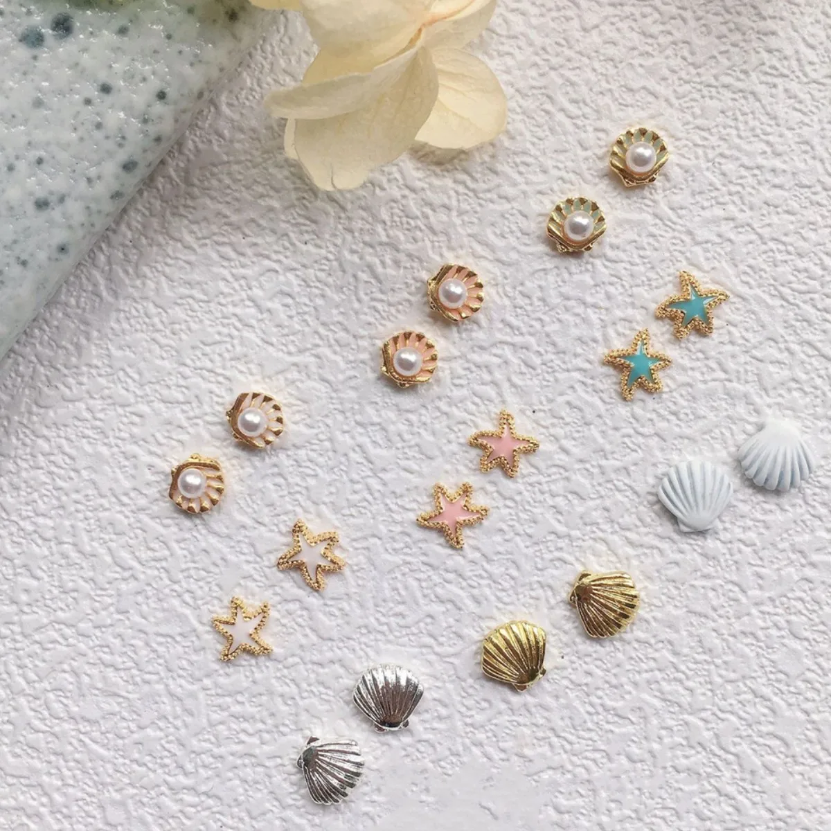 10pcs 3D Japanese Exquisite Alloy Nail Art Charms Kawaii Starfish Pearl Shell Design Nail Rhinestone Decorations DIY Accessories