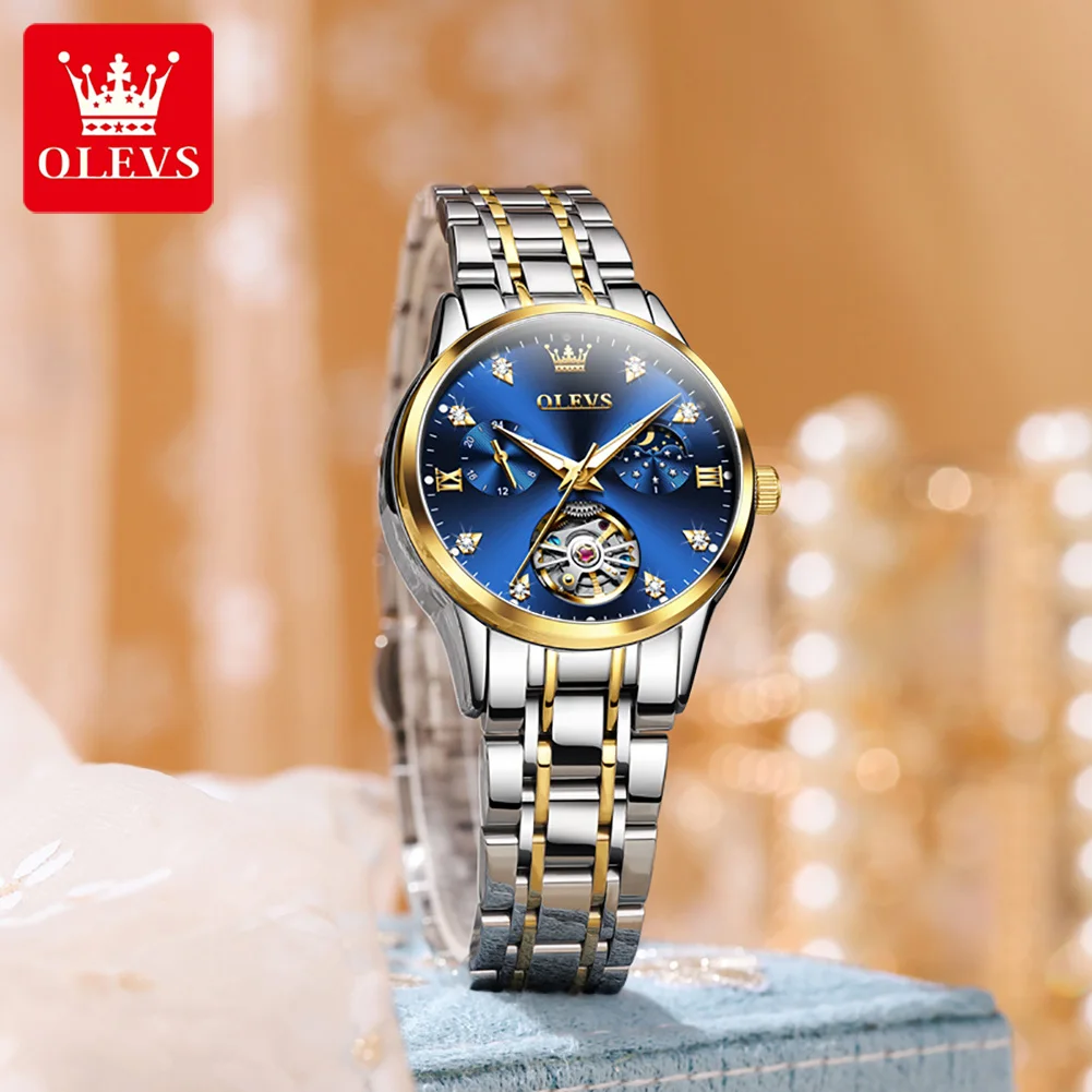 OLEVS Damenuhren, luxuriös, Tourbillon-Stil, originelle automatische mechanische Uhr für Damen, wasserdicht, leuchtende Damenuhr