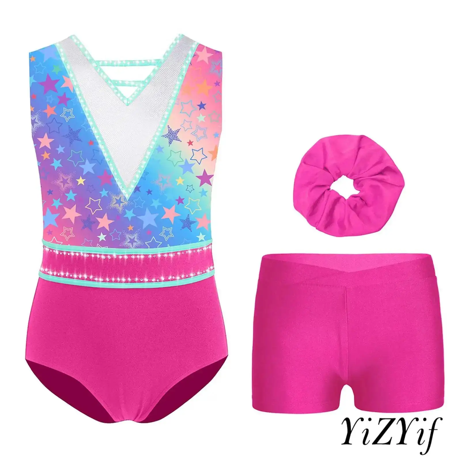

3Pcs/Set Kids Girls Gymnastics Dance Outfit V-Neck U-Back Sleeveless Rhinestone Stylish Printed Leotard with Shorts and Hairband