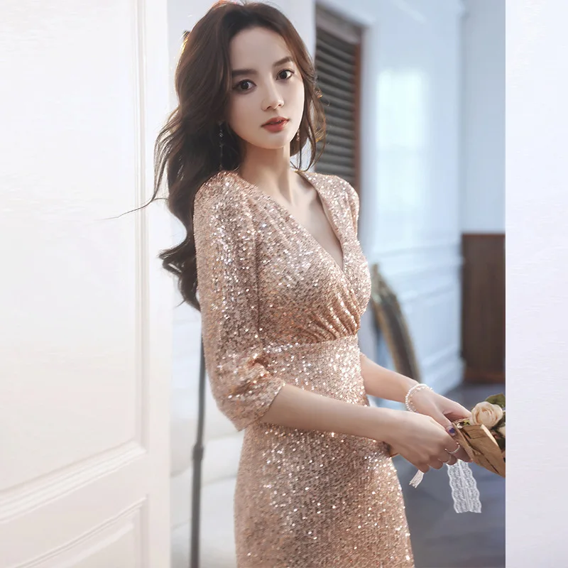 Banquet - Evening Women's elegant light luxury high-end fishtail heavy embroidery sequins dress host summer