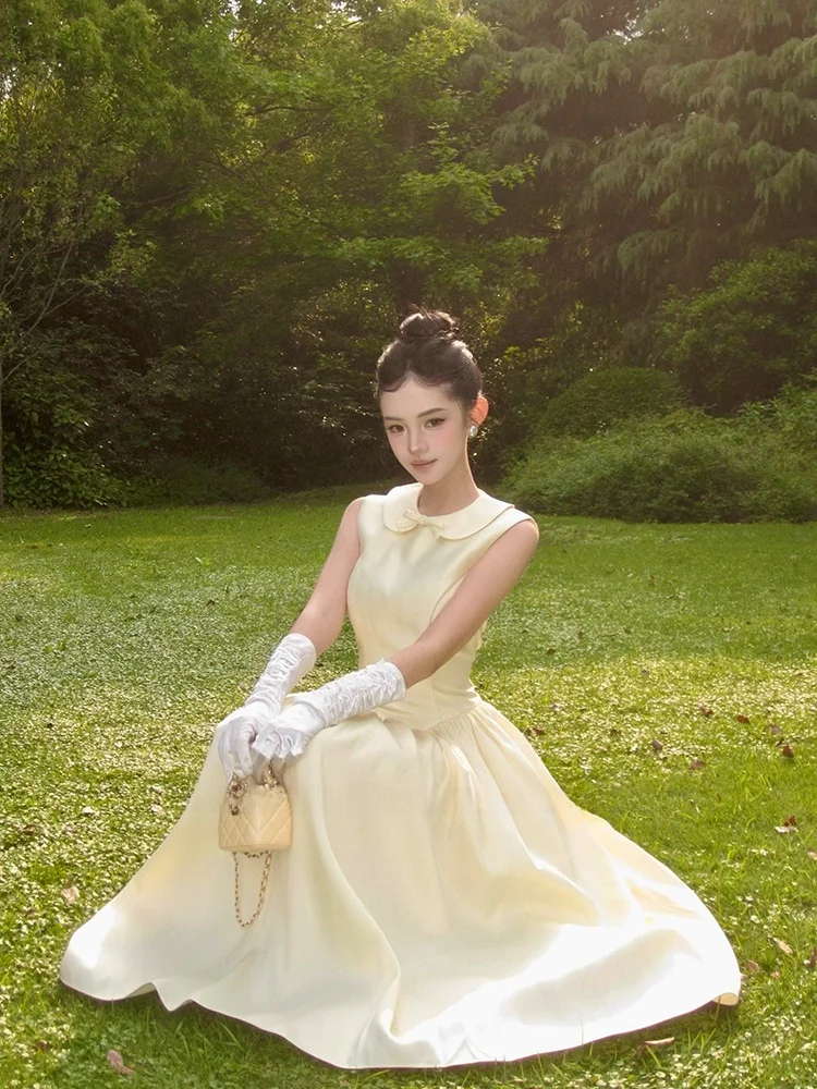 

Princess Style Birthday Dress for Women Heavy Work Embroidery Puffy Sleeves Waist Cinched Doll Collar Knot Skirt