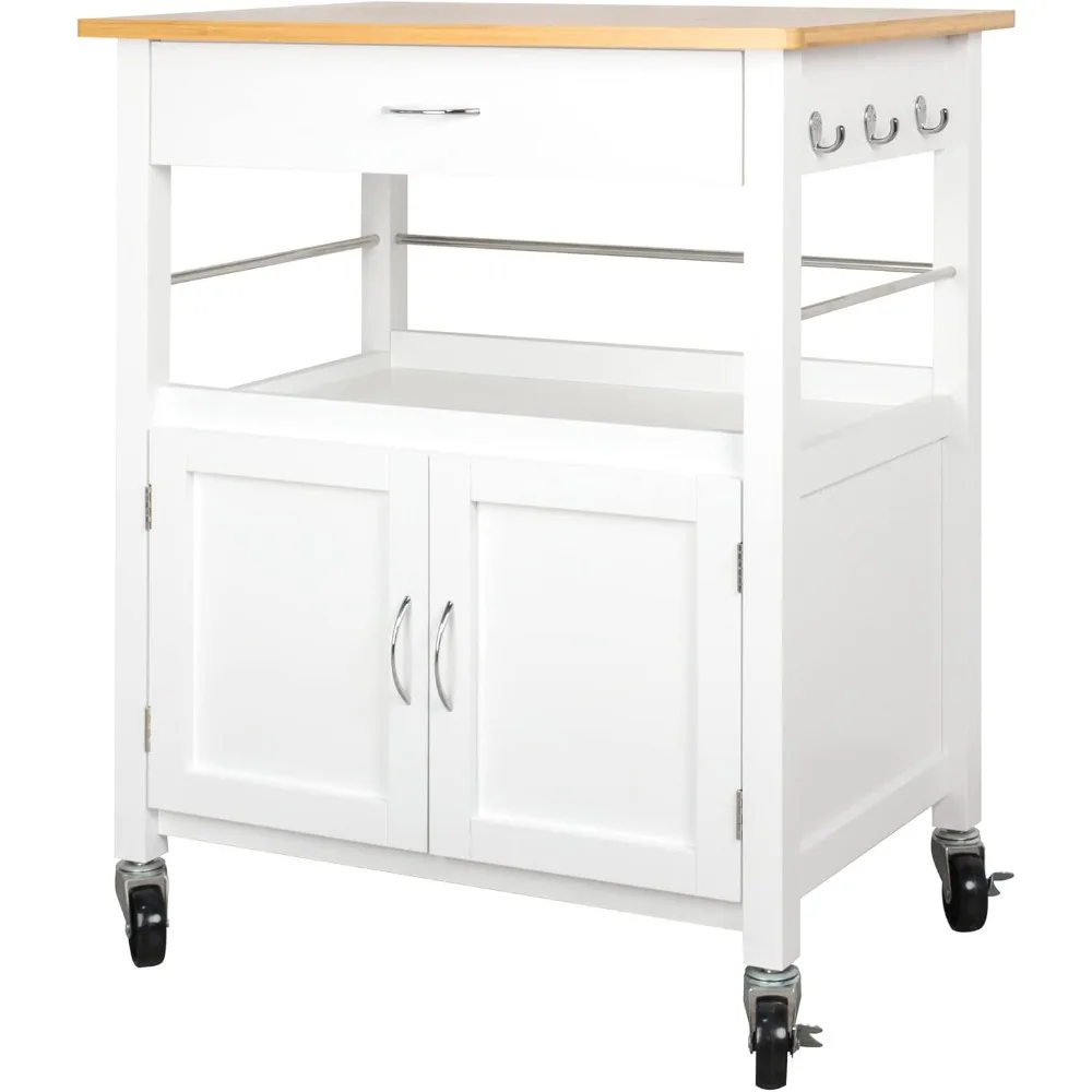 عربة جزيرة المطبخ مع سطح من الخيزران ودرج وخزانة تخزين وعجلات باللون الأبيض #6