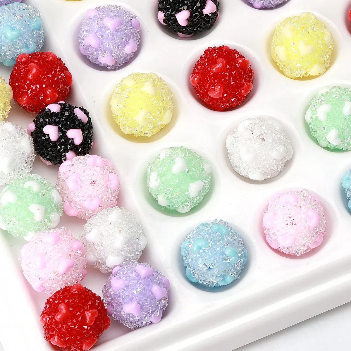 6pcs 1.6cm Random Color Mix Embed Soft Granulated Sugar Heart Shape Creative Beaded Pen Round Acrylic Beads For Jewelry DIY