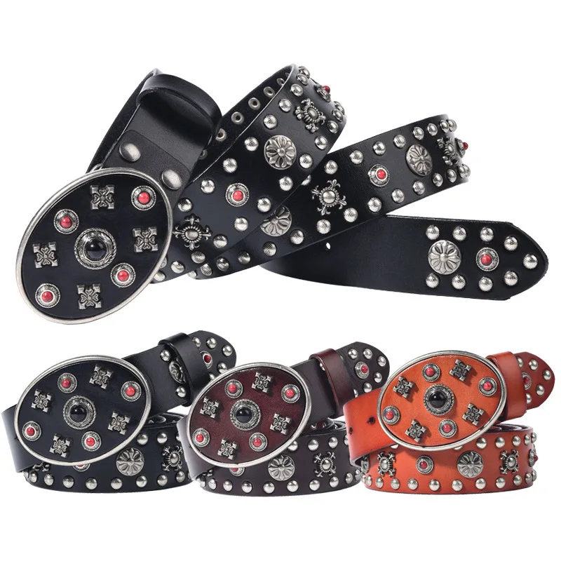 

2024 New Cowhide Rivet Personalized Men's and Women's Belts Ethnic Style Genuine Cowskin Belt