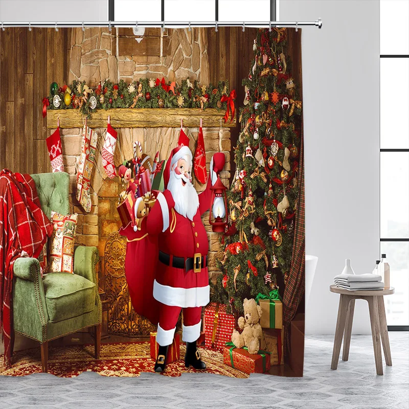 Christmas Shower Curtain Winter Town Santa Claus Reindeer Snowman Red Truck Xmas Tree New Year Home Bathroom Decor Bath Curtains