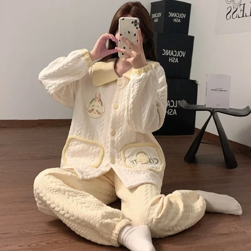 Autumn Winter Pajamas Womens Air Cotton Thicken Home Clothes Sweet Doll Collar Cardigan Loungewear Long-Sleeved Trousers Outwear