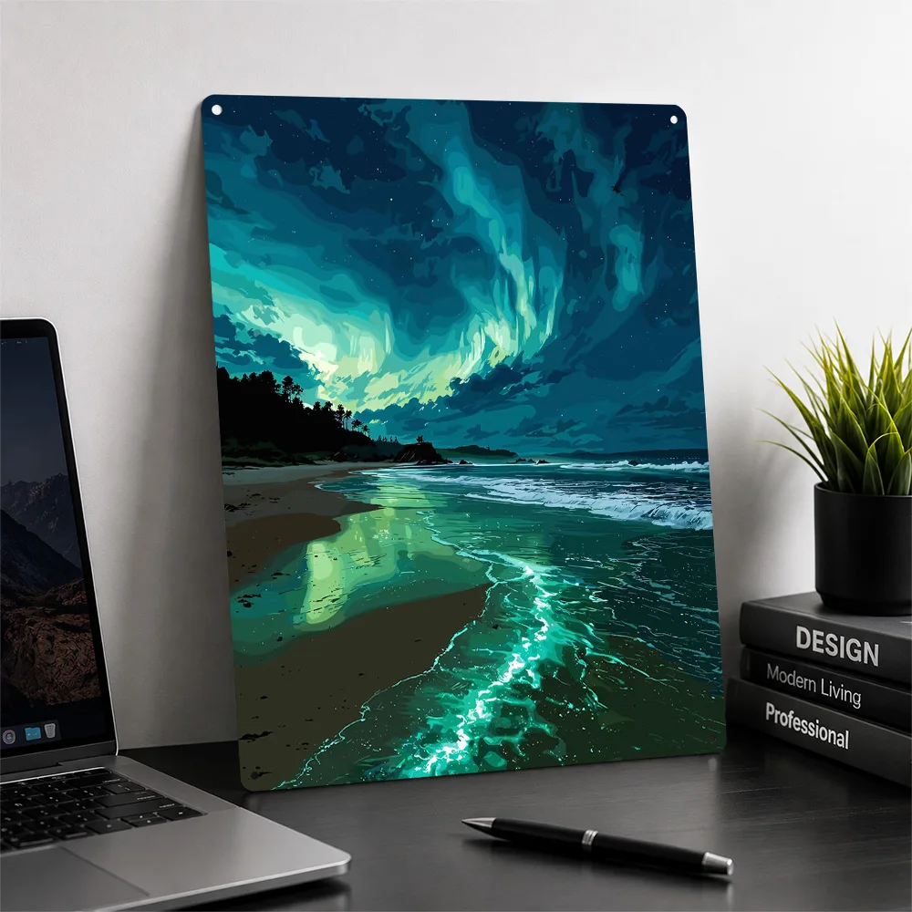 Aurora Borealis Over a Tranquil Beach 3D Texture Metal Poster Customized Wall Art Tin Sign Gift for Mancave Funny Signs Decor