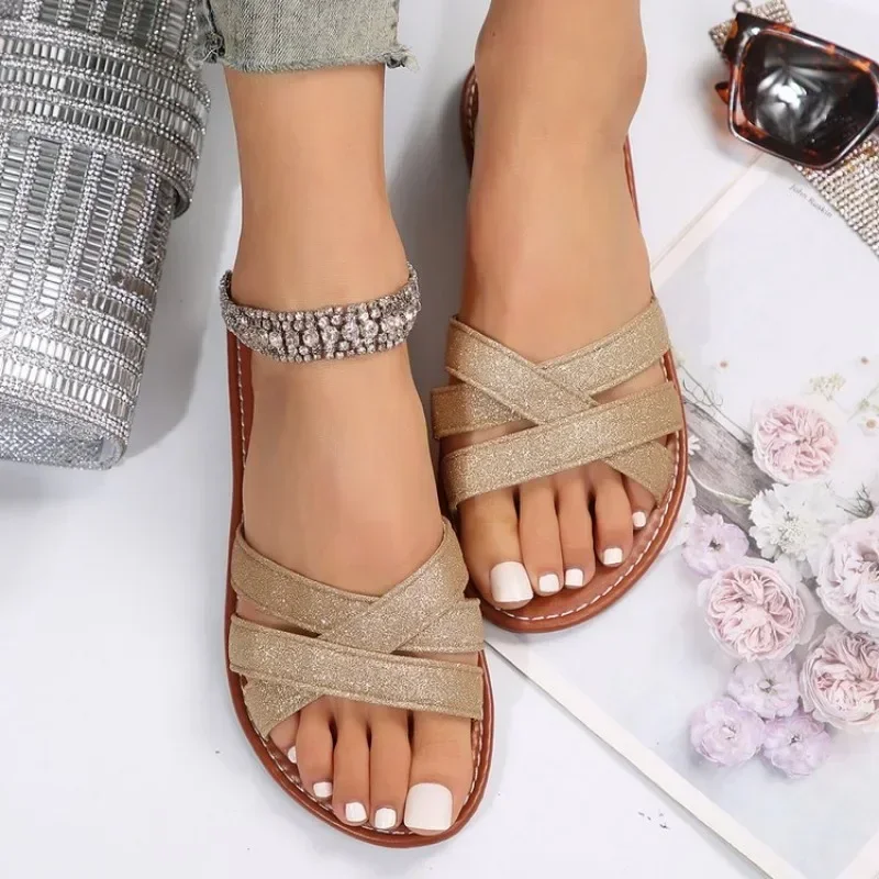 Blue Denim Fashion sandal hak datar wanita, sepatu pita elastis musim panas untuk wanita sepatu kasual manis ukuran besar 43