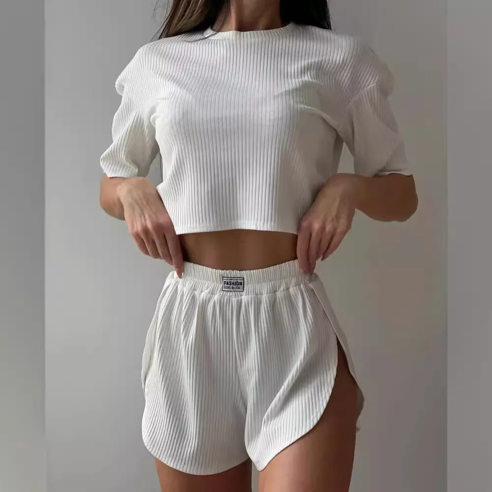 Linad Knitted Pajamas For Women 2 Piece Sets Loose Short Sleeve O Neck Crop Top Casual Female Suits With Shorts Summer Sleepwear