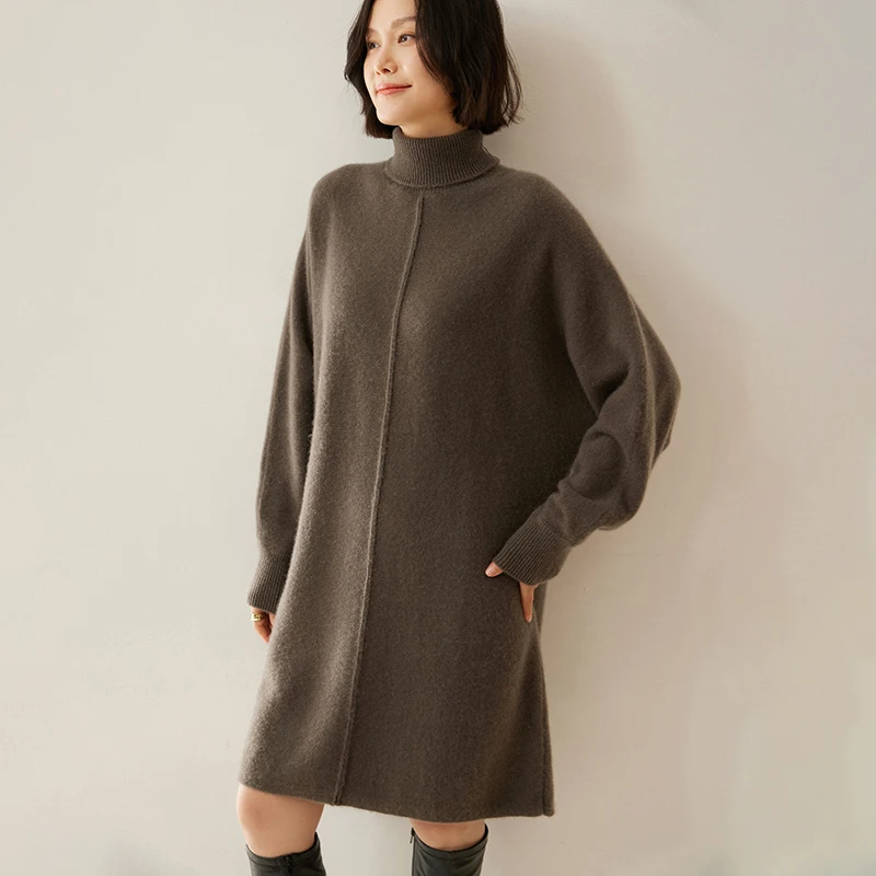 High-quality Autumn Women\'s 100% Cashmere Sweater High Collar Pullover Winter Lady Thicken Dresses Female Large Size Knit Dress