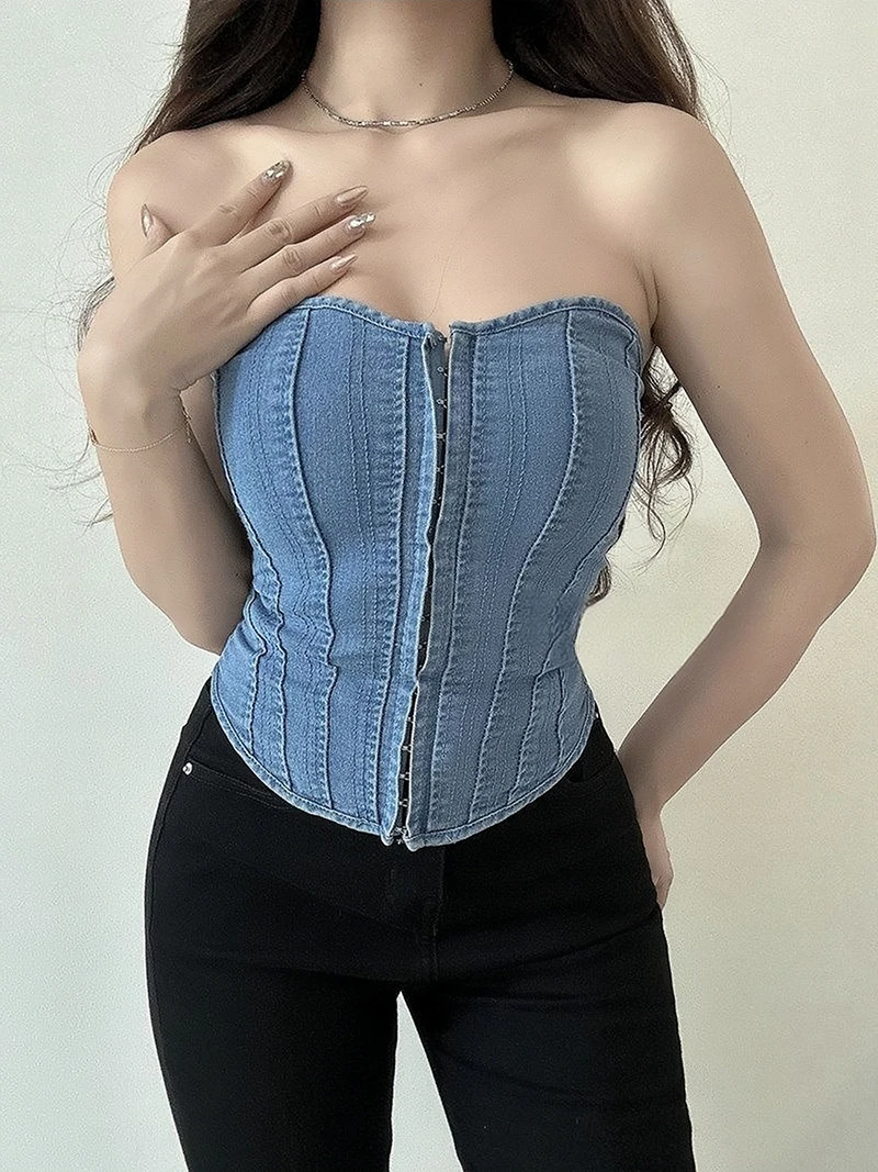 Denim Corset Women Top Y2K Button Up Strapless Street Style Wave Sexy Collar Fishbone Slim Stitch Strap Solid Color Denim Vest