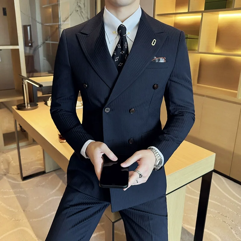 (Jackets+Pants+Vest) Luxury Stripe Men Suit High Quality Double Breasted Elegant Fashion Tuxedo Formal Groom Wedding Social Suit