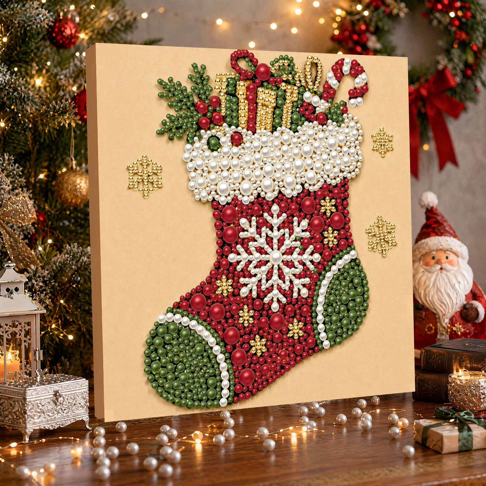Christmas Pearl Diamond Painting Art Kit With Frame DIY Pearl Beads Art Craft Kit Gemstone Diamond Dots Beads For Home Decor