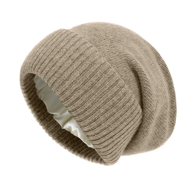 100 Percent Cashmere Beanie Hat for Women Winter Satin Lined Knitted Solid Skullies Cap Silk Lining Soft Warm Slouchy Bonnet