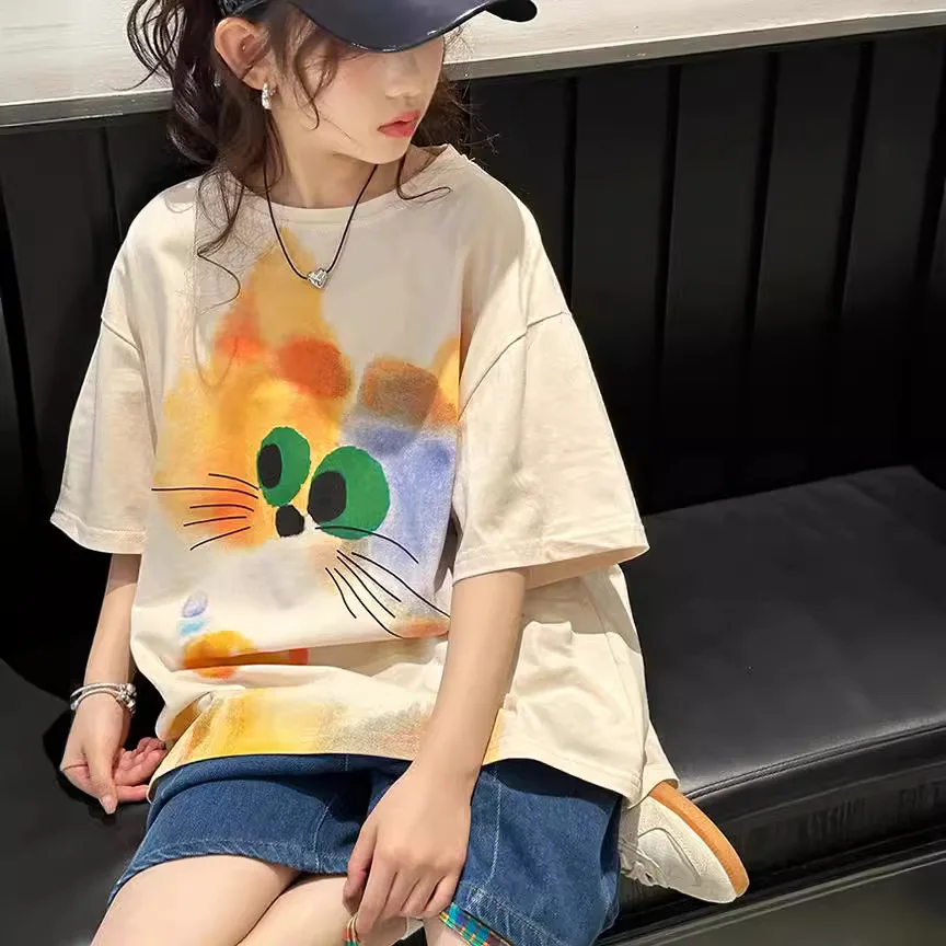 Kids Girls Short Sleeved T-shirt, Fashion Summer Cartoon Cat Top, Children's Summer Clothing