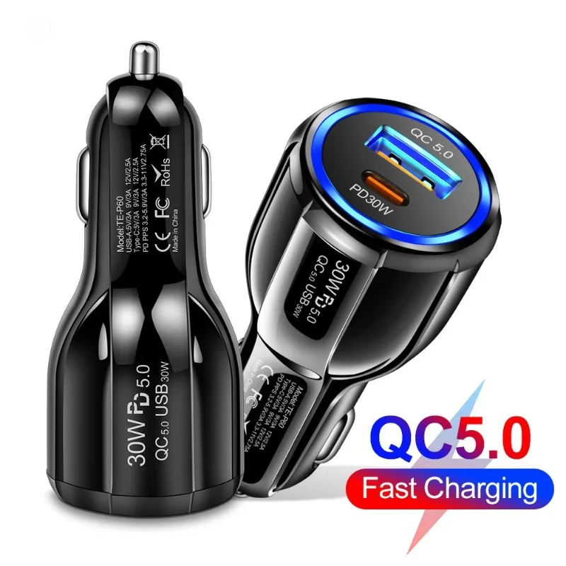 Caricabatteria per auto 48W60W Caricabatteria per auto a 2 porte Ricarica rapida QC3.0 QC5.0 PD20W PD30WCar Carica flash per accendisigari per telefoni