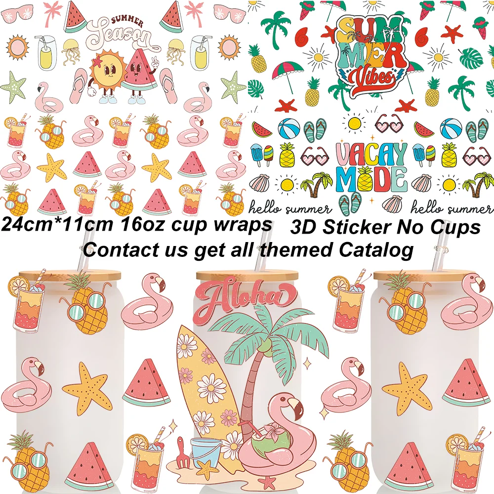 Summer Beach Themed Waterproof UV DTF Cup Wrap for 16oz Libbey Glasses Aloha Summer Vibe Sticker DIY Craft Gift 3D Sticker