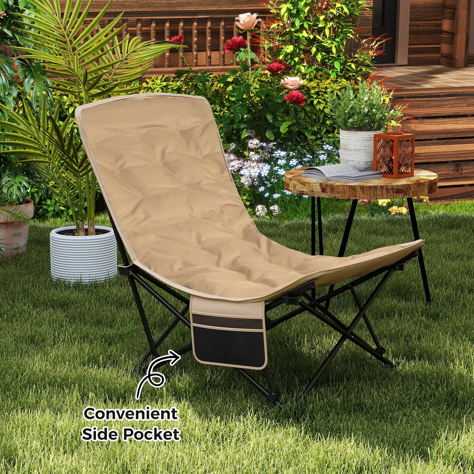 4-fach verstellbarer, faltbarer Campingstuhl, breiter gepolsterter Sitz, rutschfeste Füße, Tragetasche für Outdoor, Strand, Terrasse, Camping – Detail 2