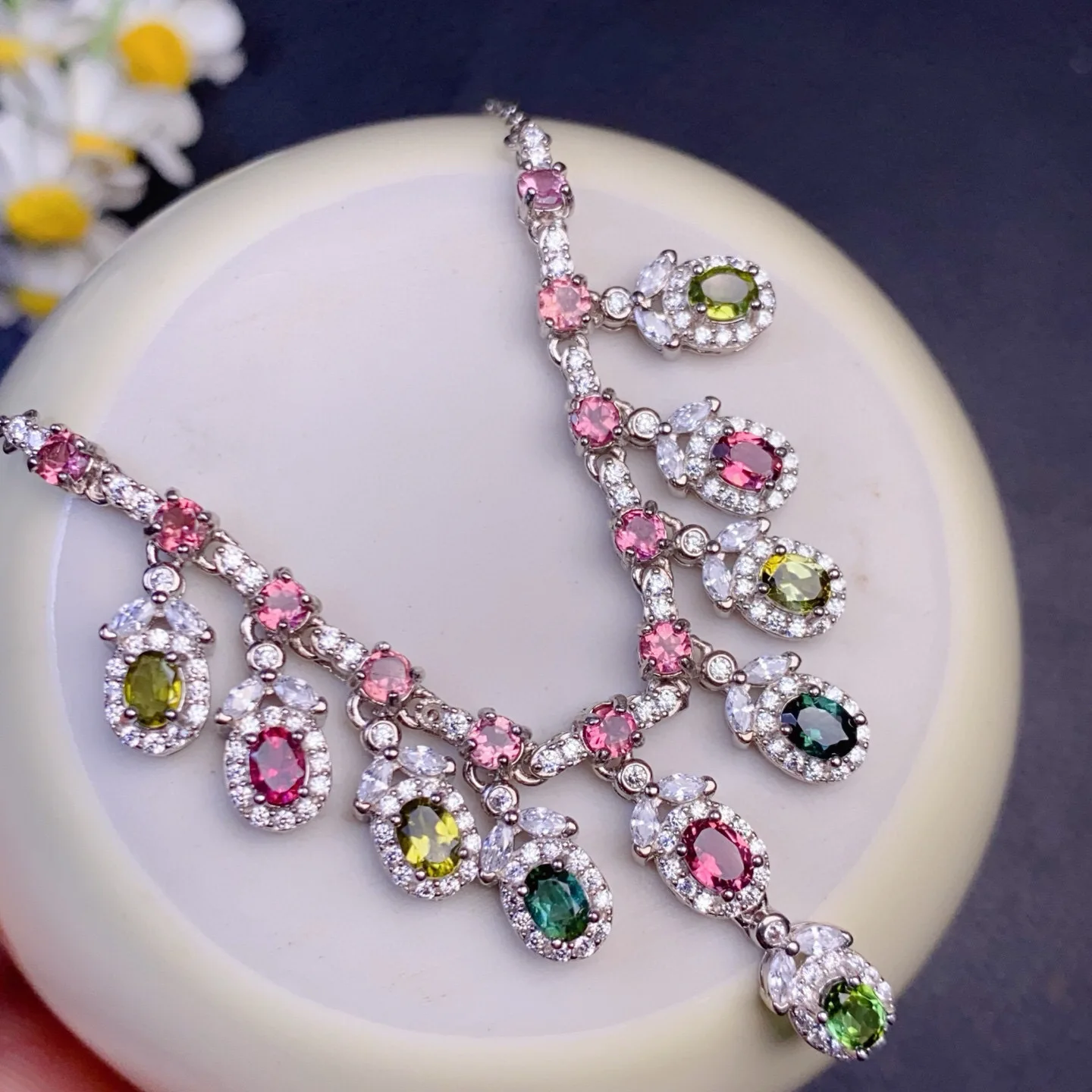 Natural Multicolor Tourmaline Necklace S925 Silver White‑Gold Plated 3*4mm Clean Crystal Gems, Zircon Halo Setting, Gem Jewelry