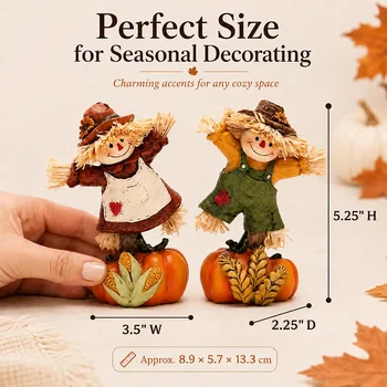Hodao Set of 2 Fall Harvest Scarecrow Figurines, Resin Thanksgiving Pumpkin Decor, Hand-Painted Dancing Farmer Couple Statue with Cute Sunflower Accents, Fall Collectible Ornament, Seasonal Holiday Gift for Indoor, Patio, and Yard Home Display 6