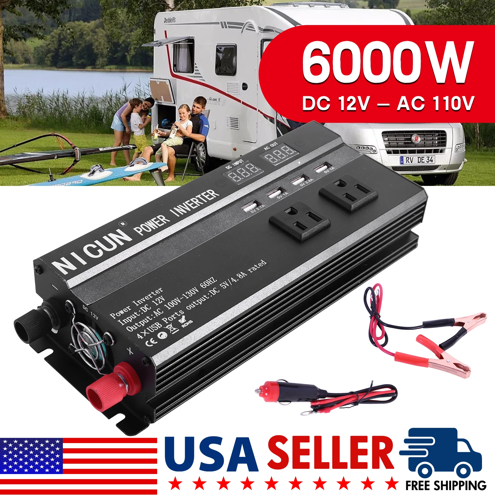 Car Power Inverter 6000W Portable DC 12V To AC 110V Transformer Converter Adapter Car Power 60HZ LCD Screen Display 4 USB Ports