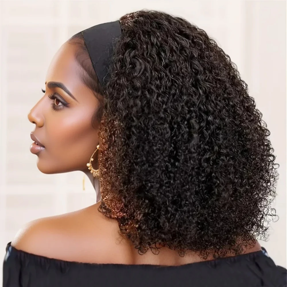 

200% Density Human Hair Wig Short Headband Wig Natural Black Short Kinky Curly Bob Cut Kinky Curly Headband Wig Machine Made Wig