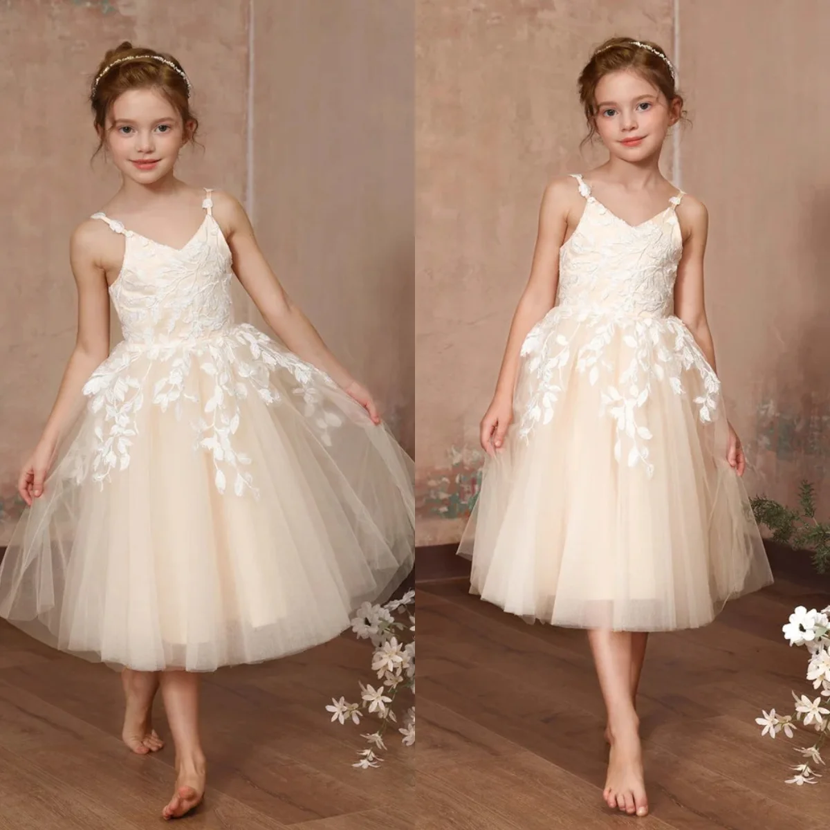 Baby Girl Princess Flower Girls Dresses Strap V Neck Infant Toddler Child Tulle Lace Party Wedding Birthday Gowns