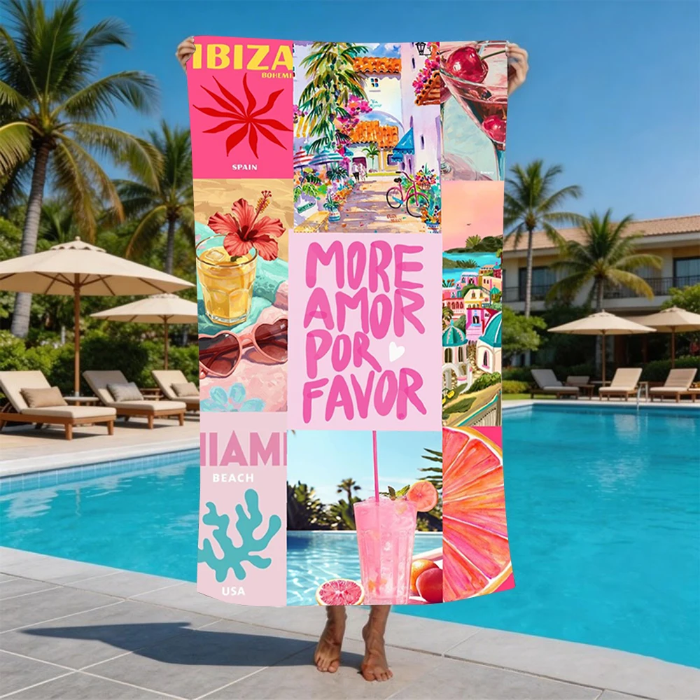 Orange Stripe Summer Fruit Seafood Collage Beach Towel Microfiber Sand Proof Pool Towel Summer Swim Outdoor Beach Essential