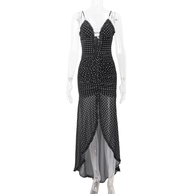 Elegantes, gepunktetes, durchsichtiges Netz, schmales Strandkleid für Frauen, sexy Spaghettiträger, Schlitz, Feiertage, Partykleid, Sommer-Freizeitkleid
