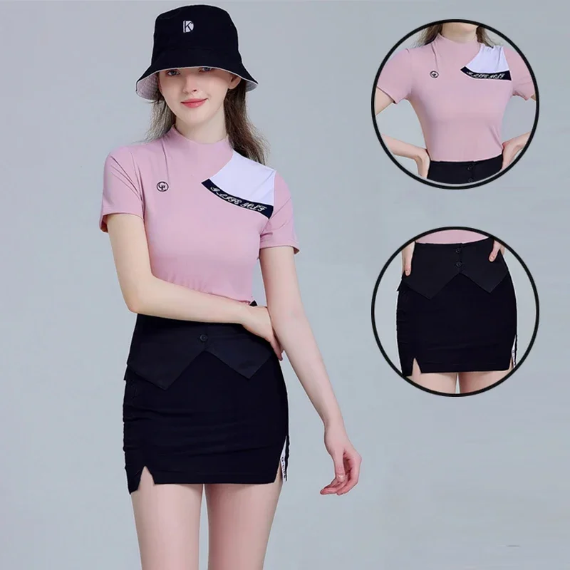 G-life Women Sunscreen Golf T-shirt Patchwork Short Sleeve Tops Ladies Slim Pencil Skirt Elastic Split Culottes Summer Golf Sets