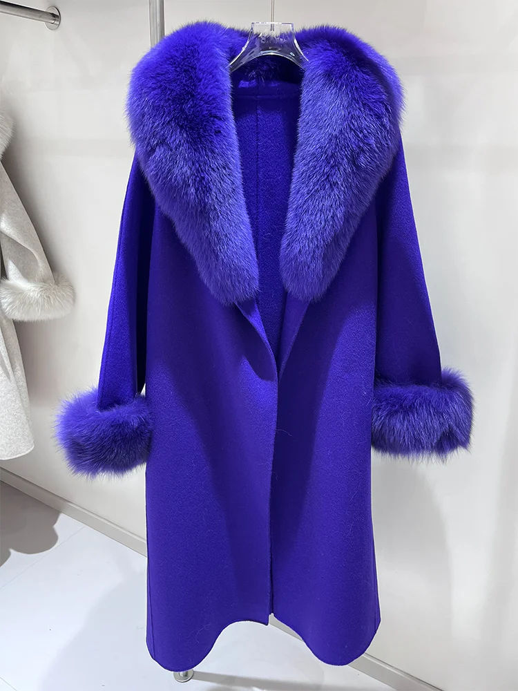 2025 Cappotto di vera pelliccia Giacca invernale da donna Collo di pelliccia di volpe naturale Polsini Cashmere Lana Cappotto lungo di lana Capispalla da donna Streetwear