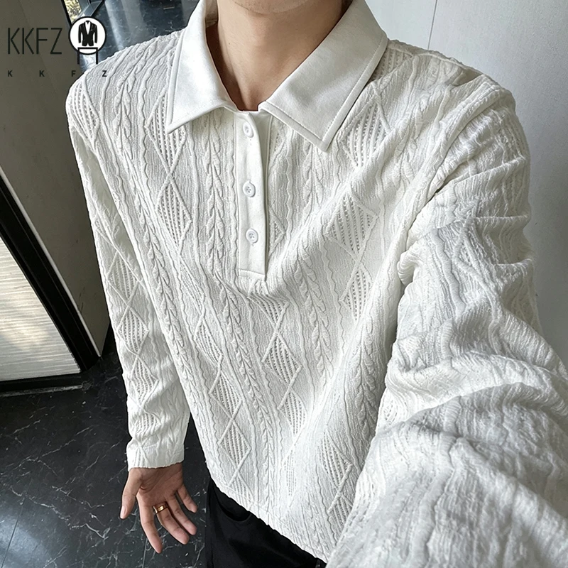 Mens Lapel Collar Long Sleeve Jacquard Polo Shirt Geometric Embossed Texture Soft Handfeel Top For Autumn Wear