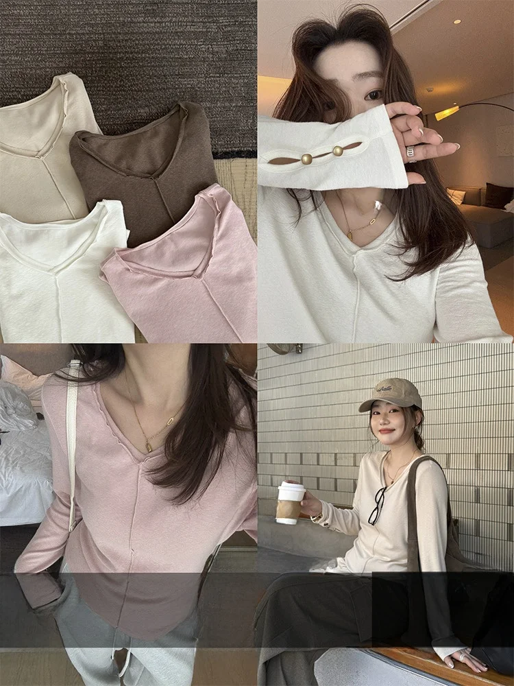 

plus Size Women's V-Ne Long Sve T-irt Slimming Base Layer Top for Plump Sister Spring Decoration Multi-Color Cotton Blend