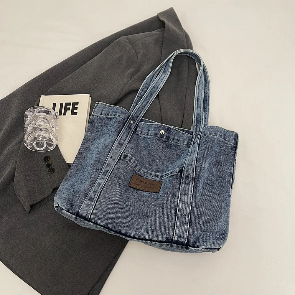 

Women Denim Shoulder Bag Casual Underarm Bag Large Capacity Simple Tote Handbag Hasp Closure Vintage Tote Bag Outdoor Travel Bag