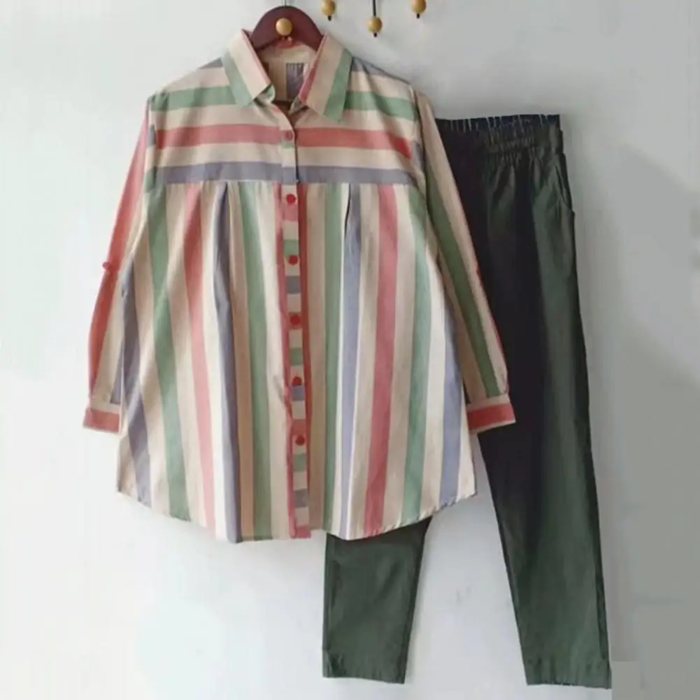 

Lady Shirt Trousers Set Striped Contrast Color Women's Shirt Pants Set with Wide Leg Trousers Casual Daily Outfit for Ladies