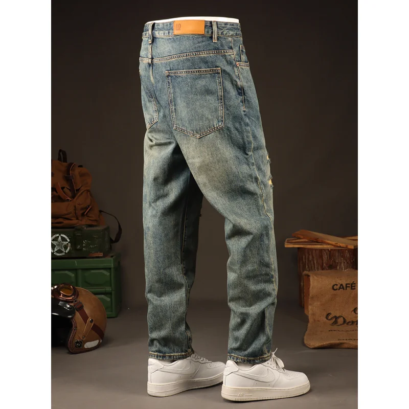 2025 موضة الشارع ملابس للرجال الأمريكية الرجعية الجينز الرجال فضفاض مستقيم أنبوب ثقب التصحيح الشباب السراويل الطويلة