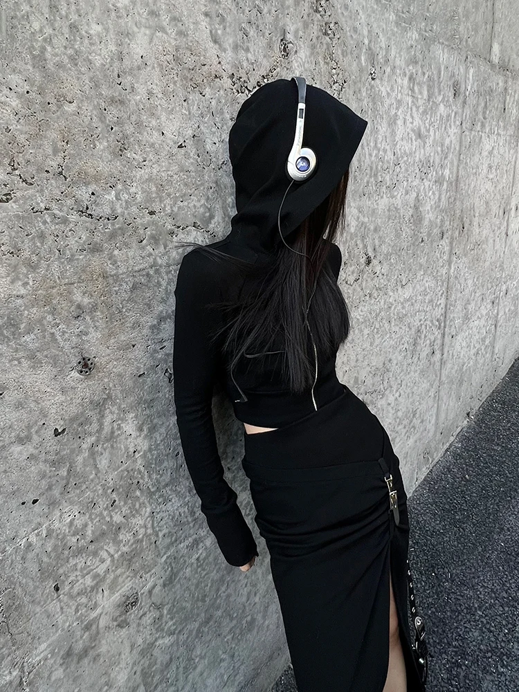 RORORIRI Retro Black Hooded Top Skirt Set Women Long Sleeves Zip Up Hoodies Jacket High Rise Split Long Skirt Grunge Streetwear