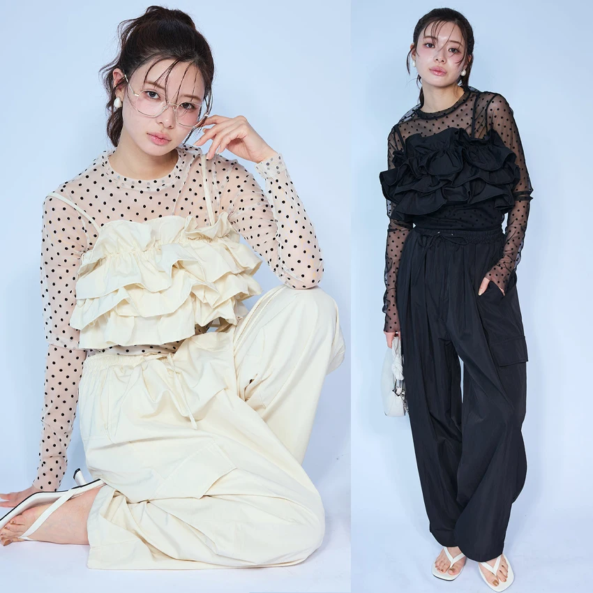 

Women's round Dot Flocking Lace Crop Top with Lace Trim Tank Top And Loose Long Pants Three Piece Set Casual Loose Style