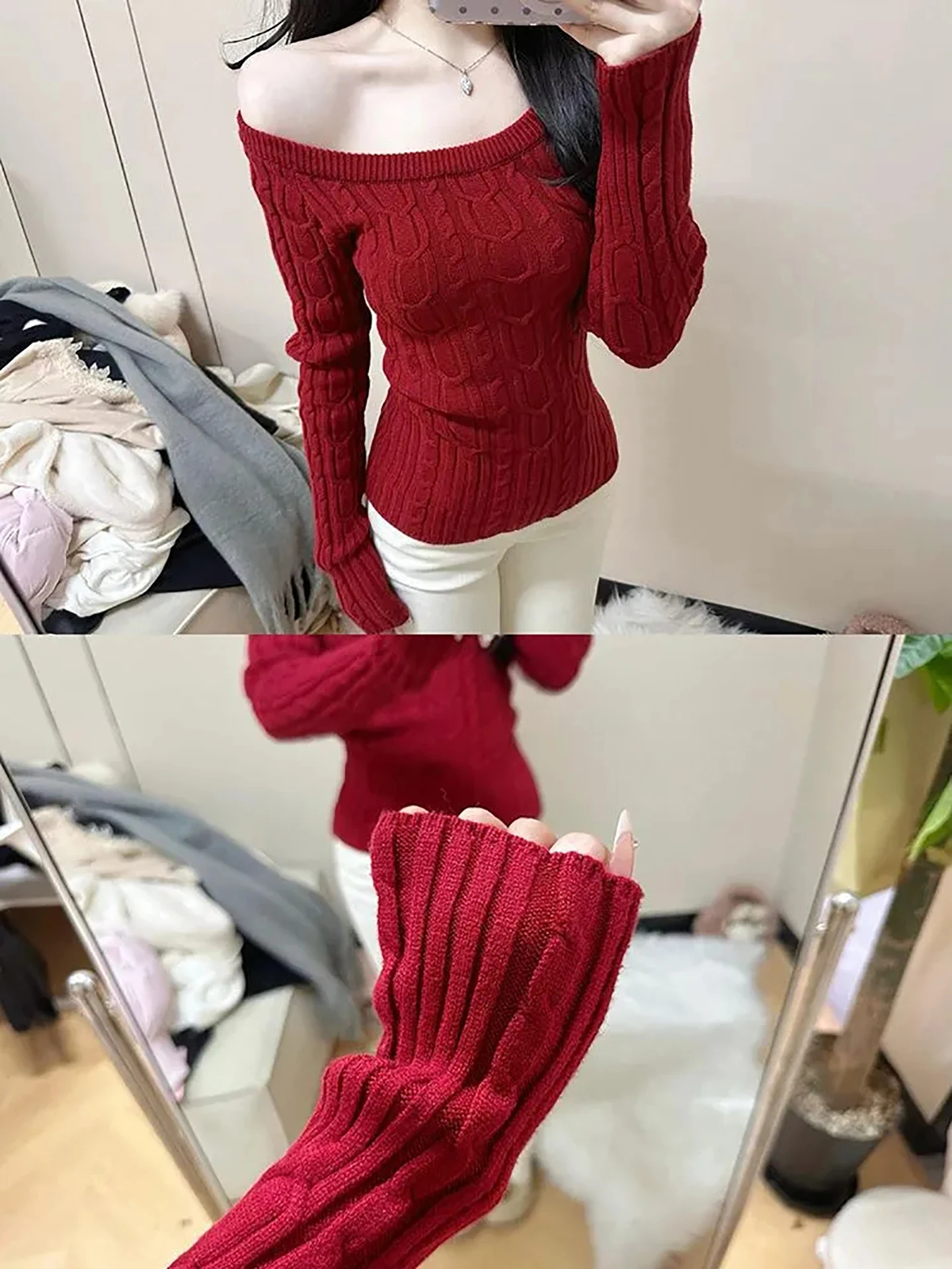 

Cisas Red Knitted Sweater Women's Faion oulder Baring Waist Cinched Korean Sle Winter New Arrival Slim Fit Sweater