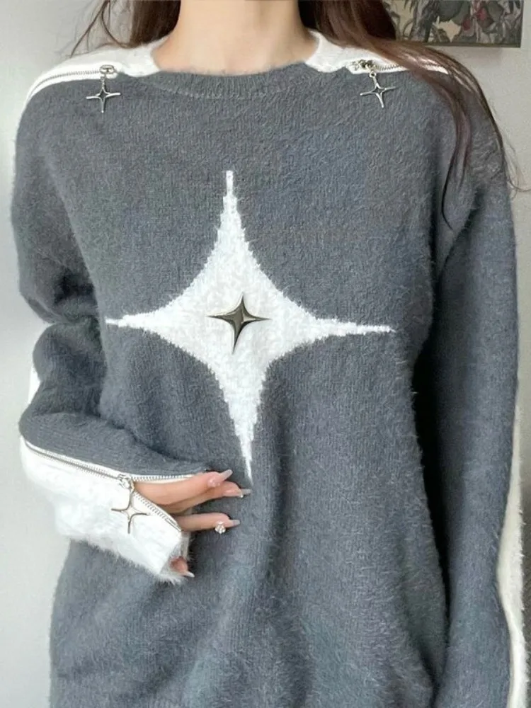 Y2k maglione estetico con spalle scoperte donna Gothic Fashion Streetwear Black Patchwork Star Jumper Harajuku maglieria