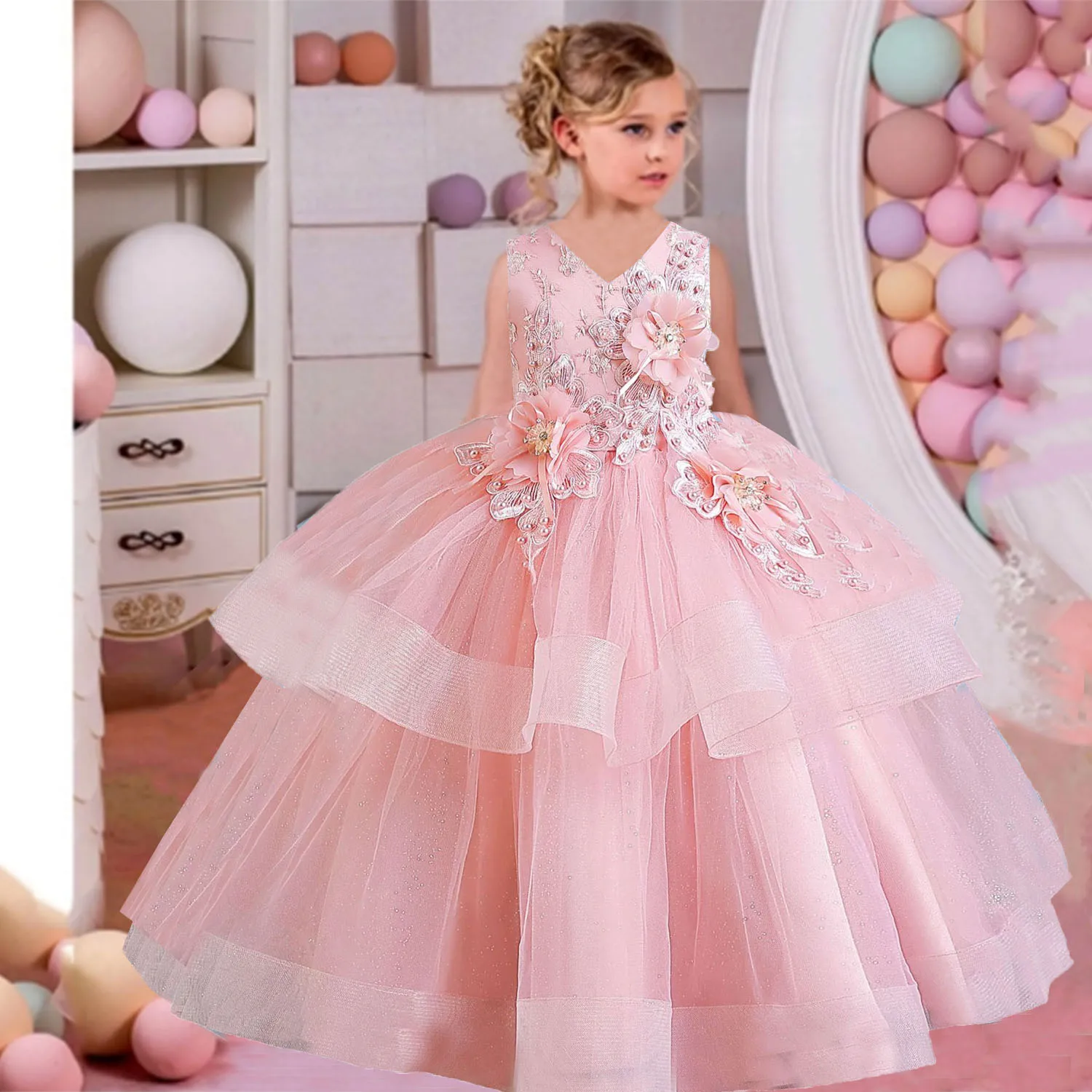 

Shiny Toddler Little Big Girls 3D Flower Girl Birthday Party Formal Long Graduation Ceremony Performance Piano Dress LS8041