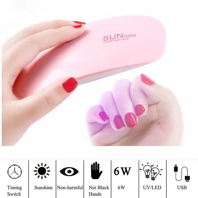 Portátil UV LED Gel polonês curou unha lâmpada, máquina secadora, cabo USB, unhas domésticas, ferramenta seca para verniz Gel, rosa e branco, 6W