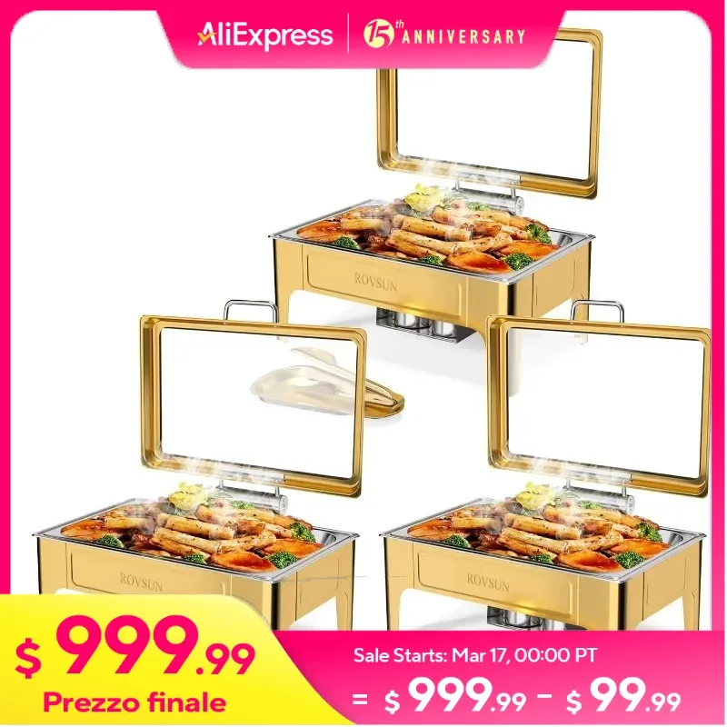 

9QT Gold Chafing Dishes for Buffet, 3 Pack Roll Top Chafing Dish Buffet Set, Rectangular Chafers and Buffet Warmers Sets