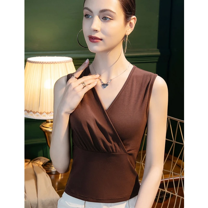 Korean Edition Women Pure Cotton V-Neck Sleeveless T-shirt  Slim Fit Spring/Summer Sexable Inner Wear Tank Tops Outwear Shirt