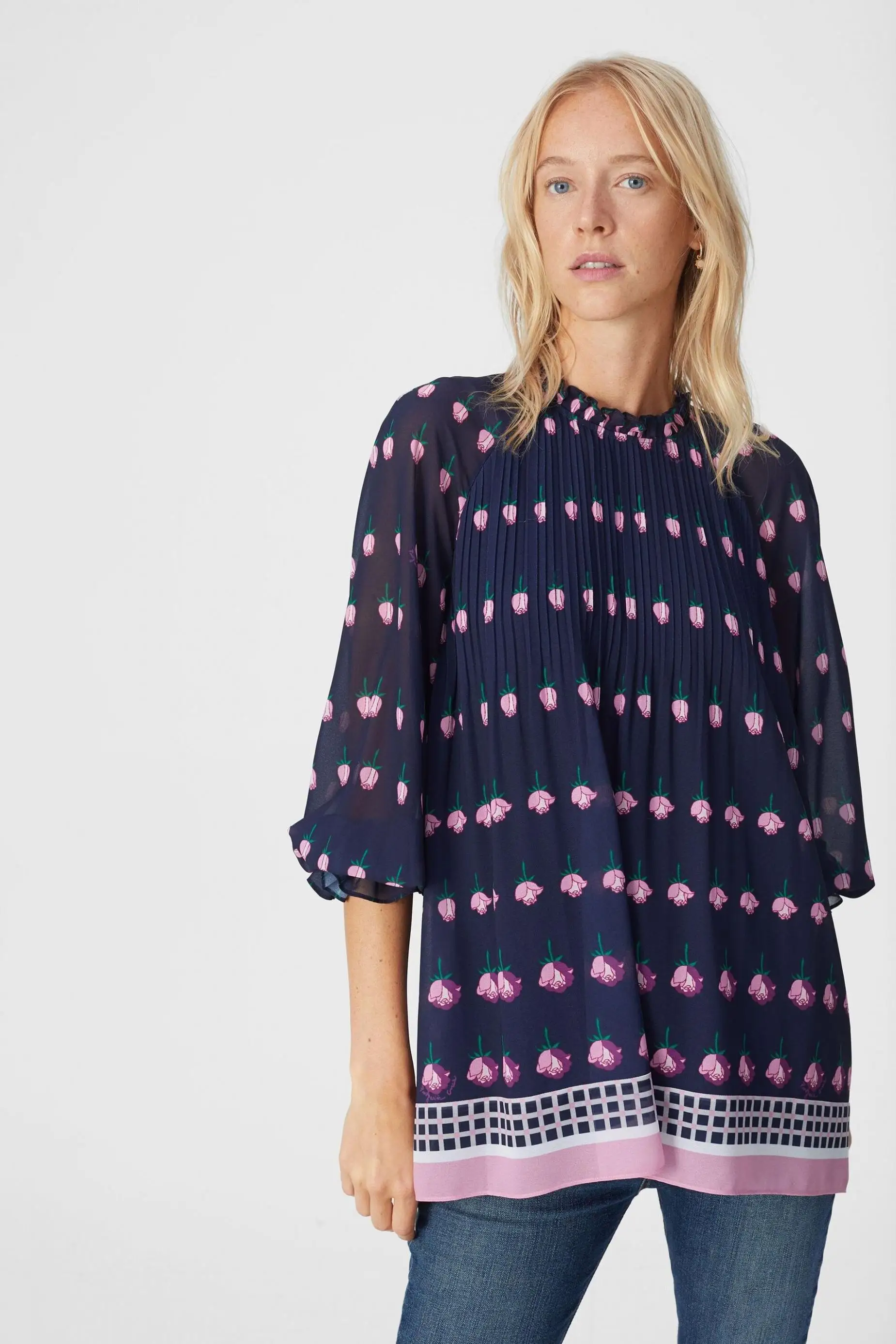 

Loose Women's Printed Chiffon Shirt Mid-Length Sleeve Long round Neck Large Size Fashion Versatile Autumn Casual Top