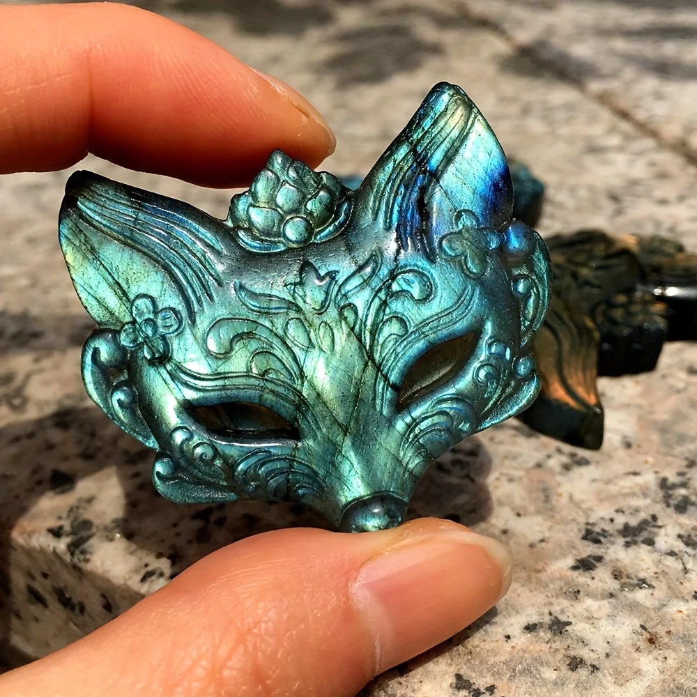 Hand-Carved Labradorite Fox Mask Animal Statue , Desk Ornament, Mineral Home Accent, Unique Gift for Nature Lovers