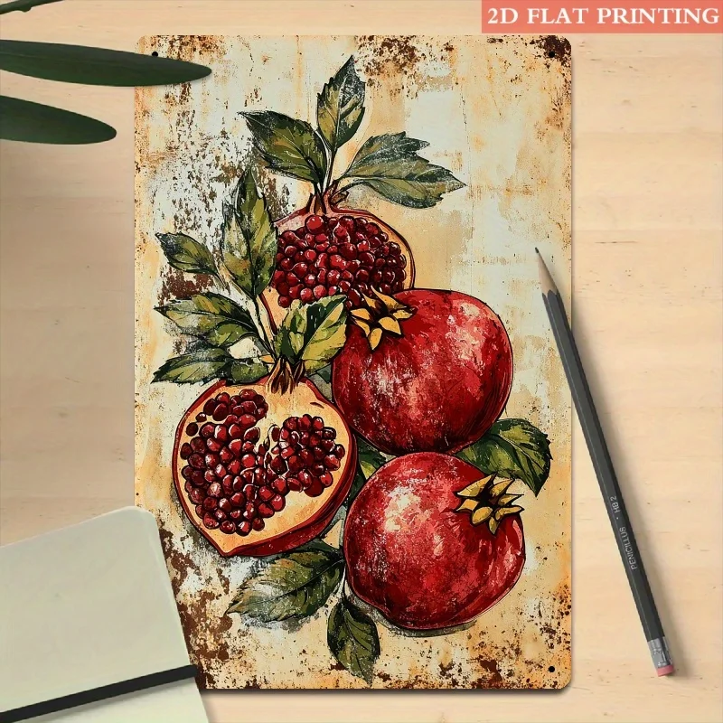 2D Flat, 1pc Vintage Pomegranate Metal Wall Art Sign - Rustic Iron Realistic Red Pomegranates & Green Leaves with Aged Texture,