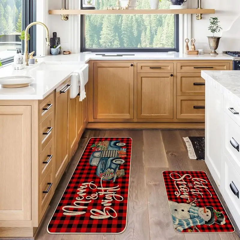 VIKAMA Farmhouse Xmas Let It Snow Letter Rectangle Kitchen Mat Washable Oil Resistant Entryway Hallway Runner Rug Home Decor
