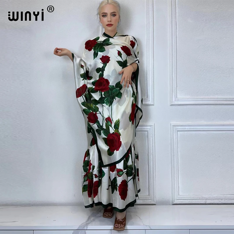 WINYI summer Elegant Fashion evening dress abaya muslim woman abaya dubai luxury Female loose Print kaftan with scarf two pcs