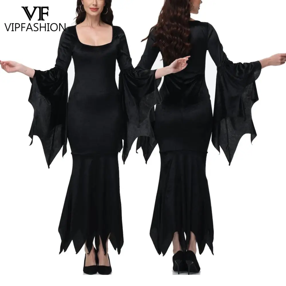 VIP FASHION Women Witch Dresses Gothic Fishtail Dress Flared Sleeve Cosplay Party Bodycon Dress Carnival Purim Halloween Clothes